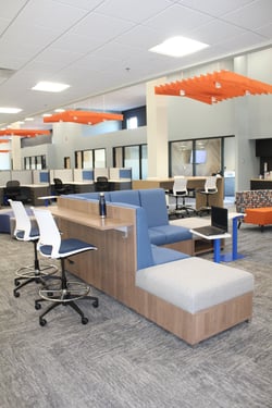 Single seat and collaborative workspaces inside of Grand River Aseptic Manufacturing.